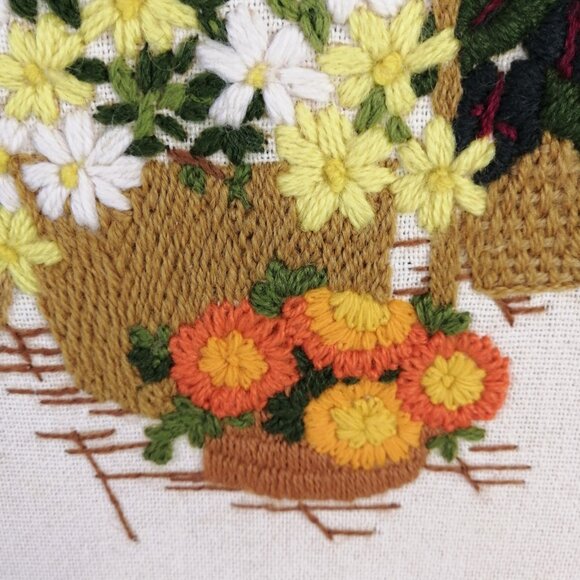 Vintage Finished Crewel Embroidery MCM 3D Fern Flowers Sunset 1975 16x20 Inches - Picture 4 of 11